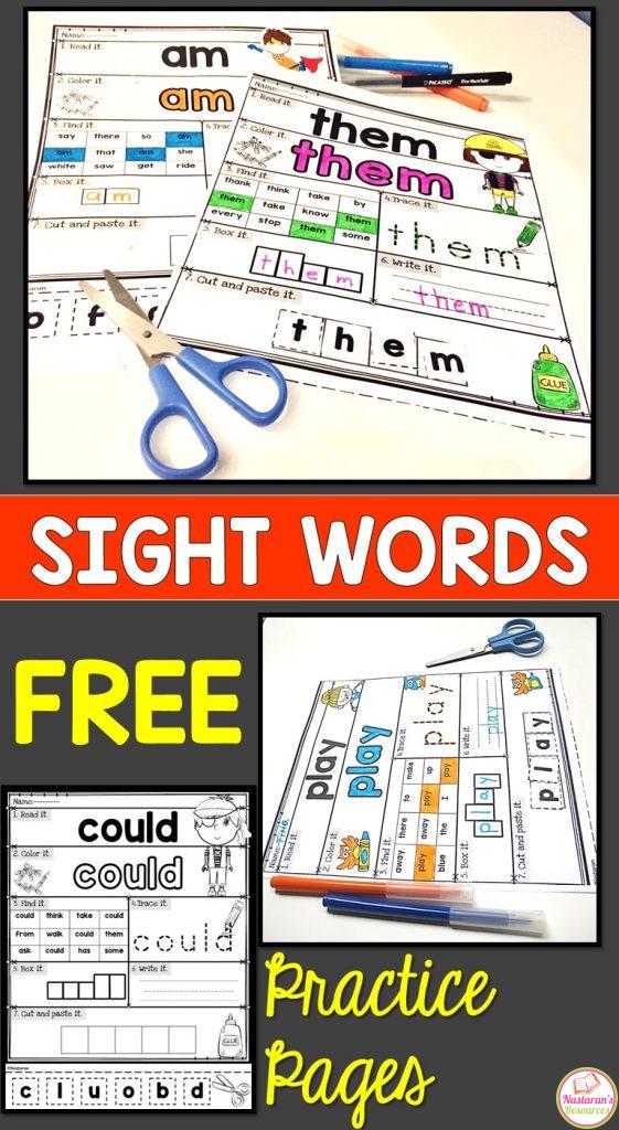 Free Sight Word practice pages.These printable Worksheets are great activities for kindergarten,preschool,and first grade! Use these worksheets for centers, morning work ,early finishers , or send home as a homework. Your students will love it! if you like it make sure to checkout the full version. #sightwords #kindergarten #kindergartenreading #sightwordactivities