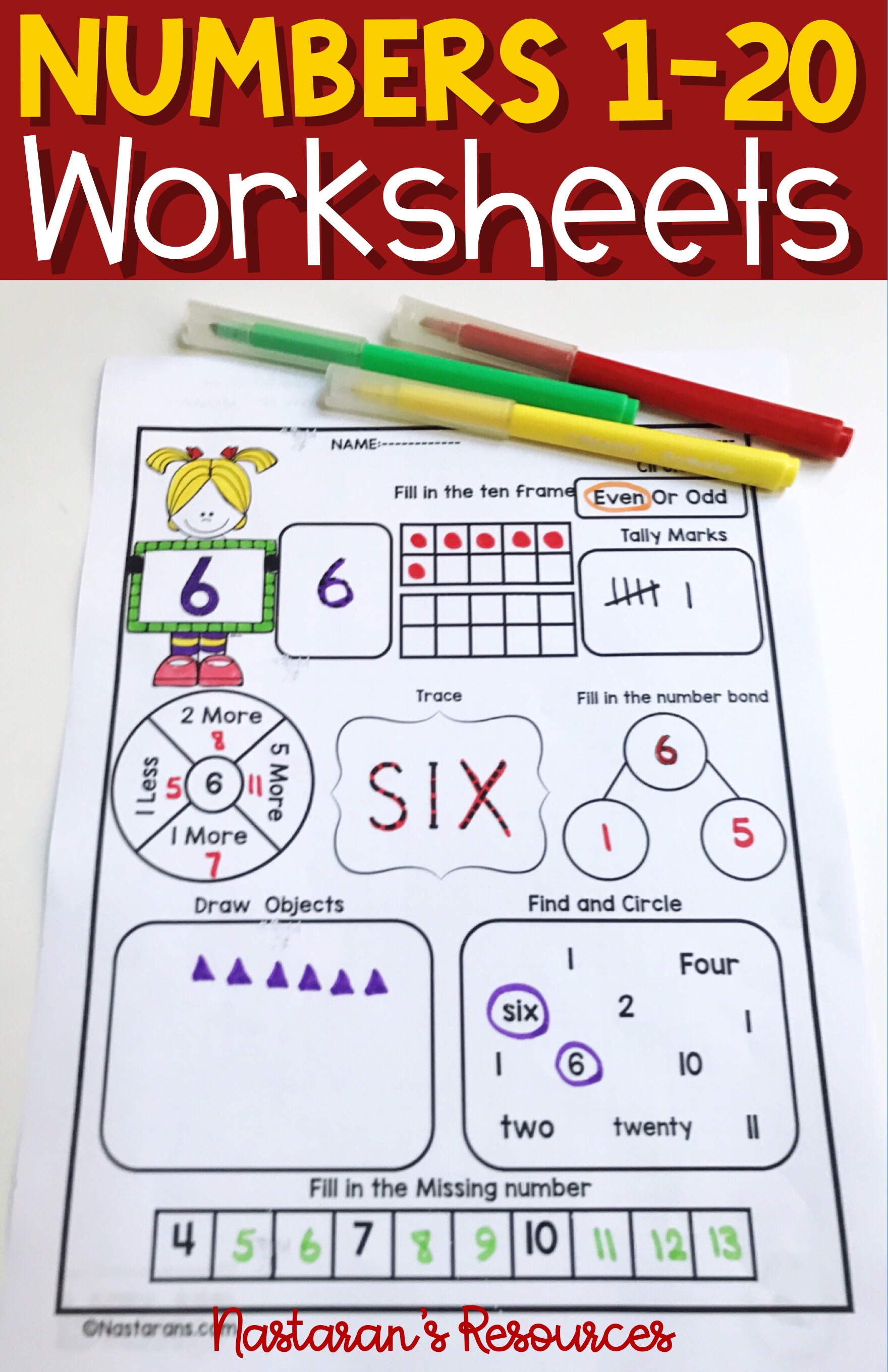 Are your students moving to learn 1 to 20 numbers? Click through to download a free worksheet to try numbers 1-20. Then, download all the printable practice pages. With these activities, your kids will learn all about the numbers 1-20! What's included?   It will help children to master numbers from 1 to 20 in many different ways. They will learn number words, finding, number sequencing, coloring, tallying, and filling the ten frame. Great for pre-k, kindergarten and first-grade students.