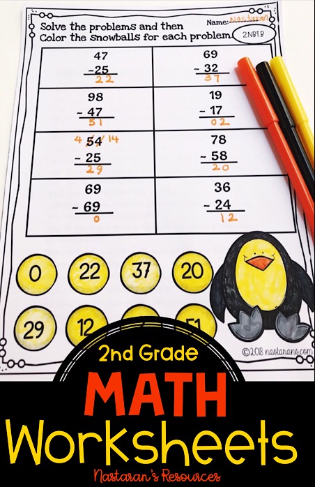 2nd-grade math worksheets. Use these printable worksheets to help the students practice math skills in your classroom. Included 54 printable worksheets that cover every Second Grade Math Common Core. They're great for morning work, seat work, review, test prep, early or fast finishers, homework, and more. #2ndgrade #teacherspayteachers #math#addition#fraction#subtraction