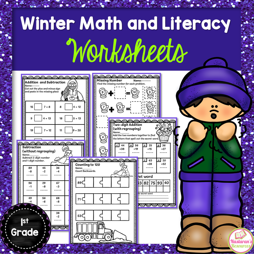 No Prep Winter/January math and literacy centers for first grade. 