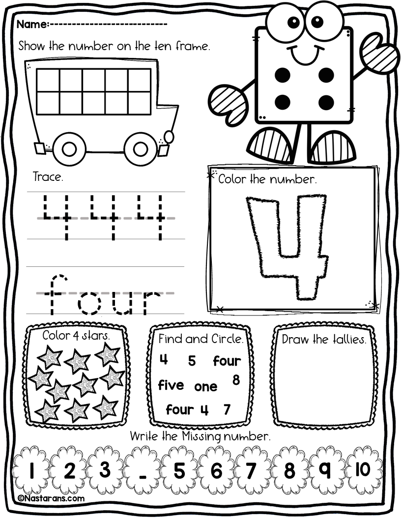 FREE Number 1-10 printable for kindergarten kids. It includes Drawing the tallies, tracing and writing numbers and number words, find the number, show the numbers on the ten frames and coloring. #kindergarten#number#tracing#math