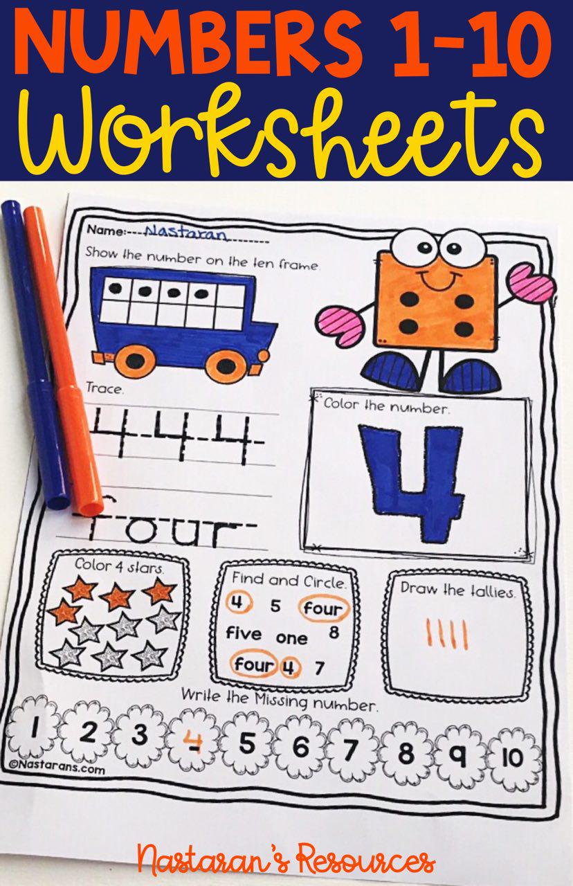 Number 1-10 printable for kindergarten kids. It includes Drawing the tallies, tracing and writing numbers and number words, find the number, show the numbers on the ten frames and coloring. #kindergarten#number#tracing#math