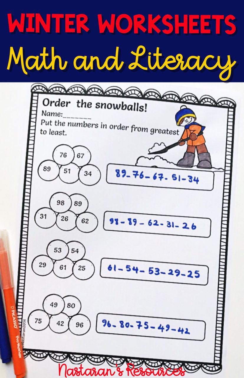 No Prep Winter/January math and literacy worksheets for first grade. #winter#worksheets#math#literacy
