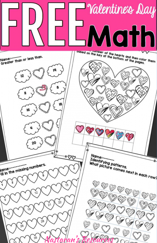 Free Valentine's Day Math For Kids includes to keep students busy and reviewing math skills on Valentine's Day.