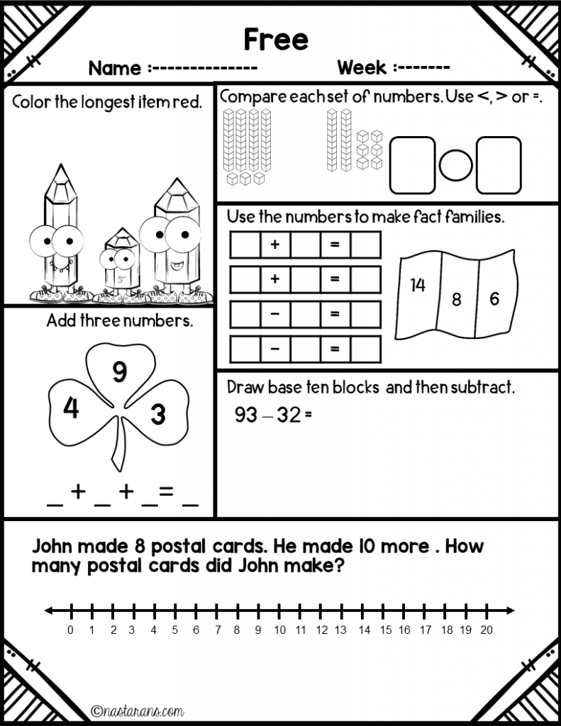 Free Daily math review 1st grade is perfect for Spiral Math Homework, Spiral Review Math Morning Work, Warm Ups, or even Math Center Activities. These no preparation worksheets are aligned with common core standards first grade!Fun for students and print and go for teachers. #math #mathworksheets #mathfreebies #firstgrade #mathcenters