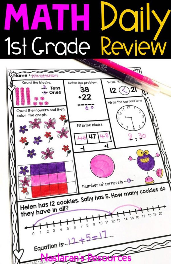 Daily math review 1st grade is perfect for Spiral Math Homework, Spiral Review Math Morning Work, Warm Ups, or even Math Center Activities. These no preparation worksheets are aligned with common core standards first grade!Fun for students and print and go for teachers.#firstgrade #mathcenters #classroom