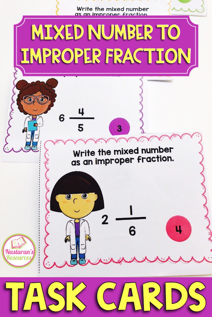 Practice changing mixed numbers to improper fractions with these task cards .Great for 4th and 5th grade students.#fraction#mixednumber#improperfraction