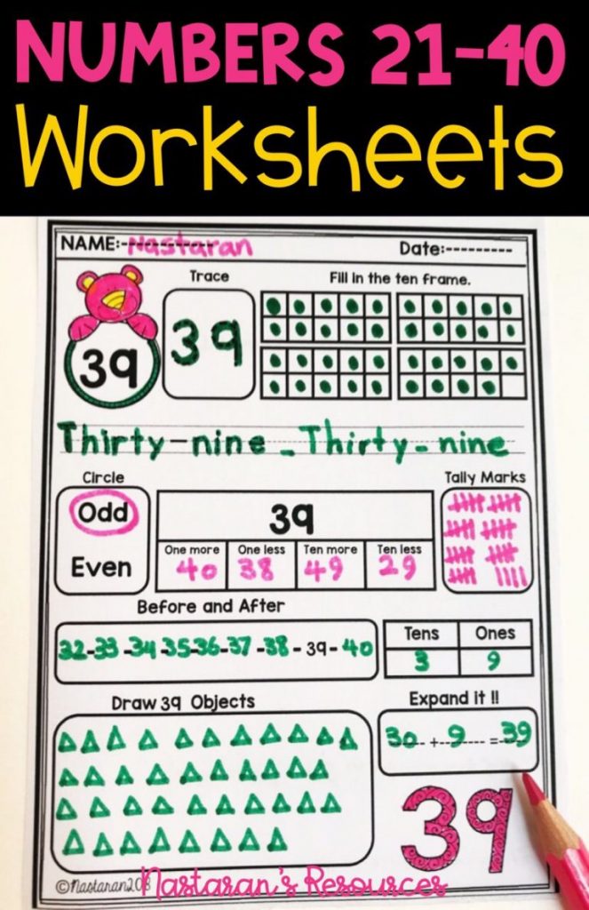 Numbers 21-40 printable worksheets contain 11 activities . Perfect for preschool, kindergarten and 1st grade. #numbersto40 #preschool #kindergarten #teacherspayteachers #math
