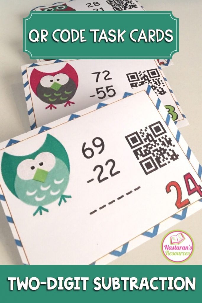 Two-Digit Subtraction task cards.This is a colorful set of 32 QR CODE task cards to practice two-digit subtraction WITH regrouping and without regrouping. This set is a wonderful addition to your lessons! Print on card stock and laminate to use for years to come!