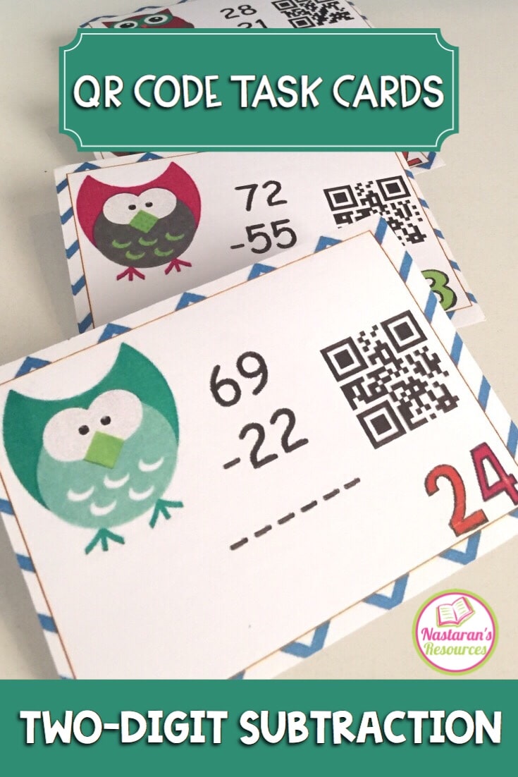 "Two-Digit Subtraction task cards.This is a colorful set of 32 QR CODE task cards to practice two-digit subtraction WITH regrouping and without regrouping. This set is a wonderful addition to your lessons! Print on card stock and laminate to use for years to come!" alt="Two-Digit Subtraction task cards.This is a colorful set of 32 QR CODE task cards to practice two-digit subtraction WITH regrouping and without regrouping. This set is a wonderful addition to your lessons! Print on card stock and laminate to use for years to come!"