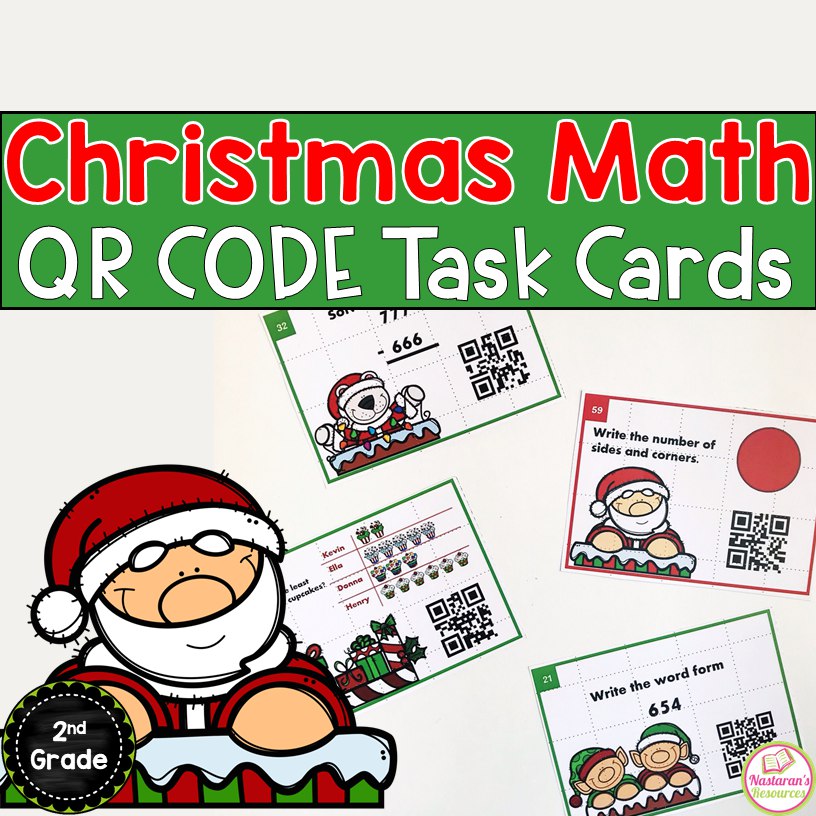 Christmas math activities include math task cards aligned with the 2nd-grade common core. This packet includes QR codes, and your students can check out their answers.