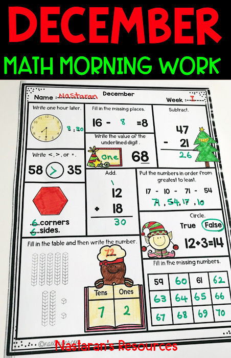 Looking for morning work math activities for your kids during December and Christmas? Check out this free Christmas worksheet for 1st graders and homeschoolers.  Using spiral math is great for Homework, Morning Work, Warm-Ups, or even Math Center Activities. These no preparation worksheets are also aligned with common core standards! Fun for students and print and go for teachers.#firstgrade #mathcenters #classroom #Christmas