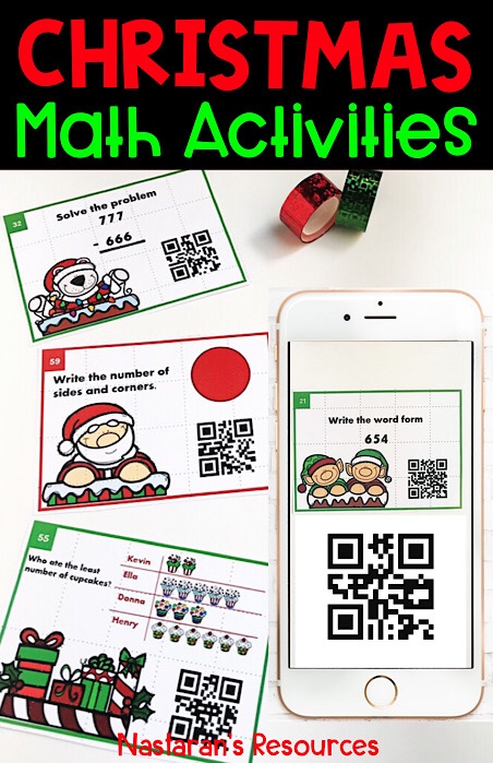 Christmas math activities include math task cards aligned with the 2nd-grade common core. This packet includes QR codes, and your students can check out their answers.