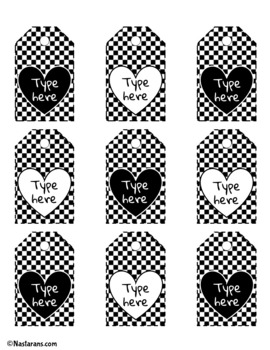 Editable Valentines Day Gift Tags Black and White  - Name Tags Heart Labels